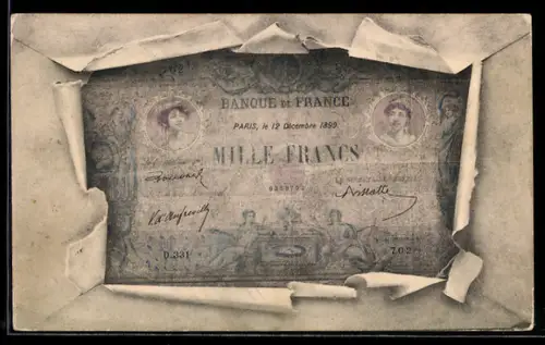 AK France, Geldschein durch zerrissenes Papier
