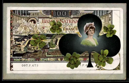 AK Belgischer Geldschein mit Damenporträt und Kleeblättern