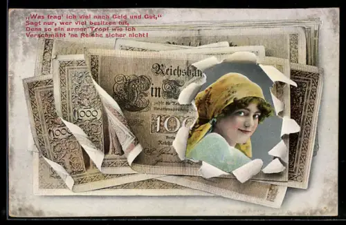 AK Banknoten mit gerissenem Loch durch das eine Frau sieht