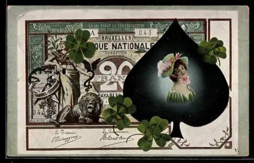 AK Belgische Banknote mit Glücksklee und Damenbüste im Pik