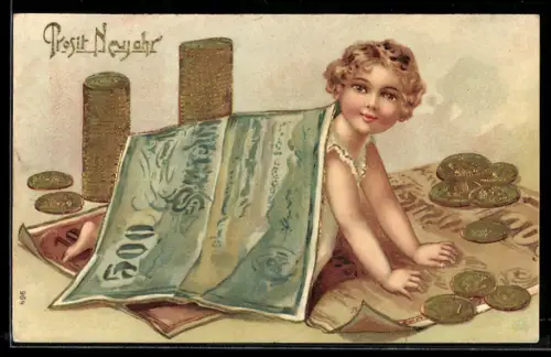 AK Mädchen liegt in einem Bett aus Geldscheinen und Münzen