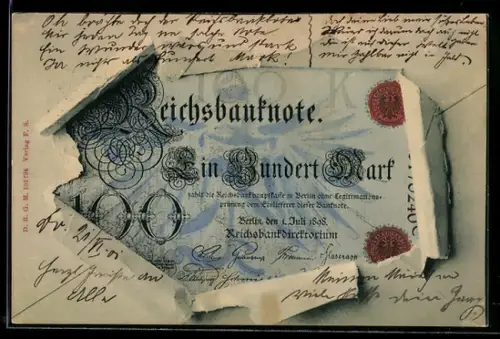 AK 100 Mark, Reichsbanknote im zerissenen Umschlag, Zahlungsankündigung