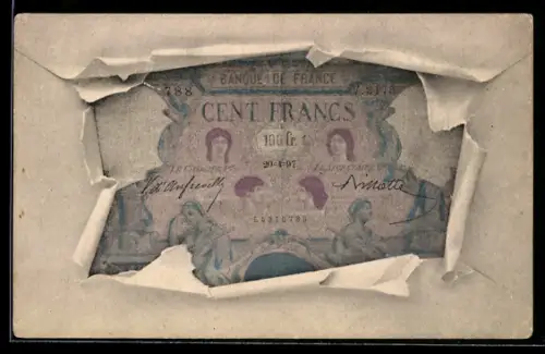 AK Geldschein Cent Francs in einem aufgerissenen Brief
