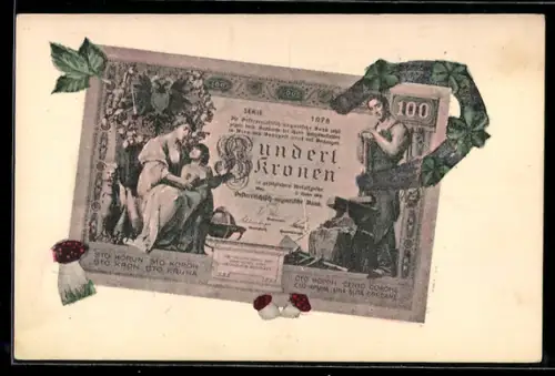 AK Wien, Geldschein über hundert Kronen, Hufeisen und Fliegenpilze