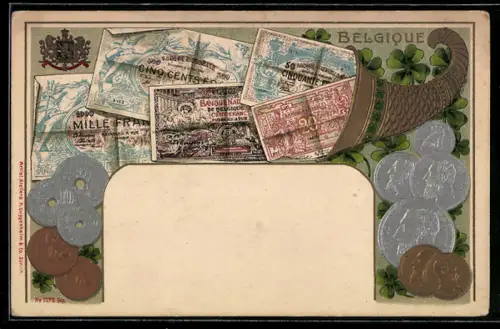 AK Belgique, Geldscheine im Horn, Münzen