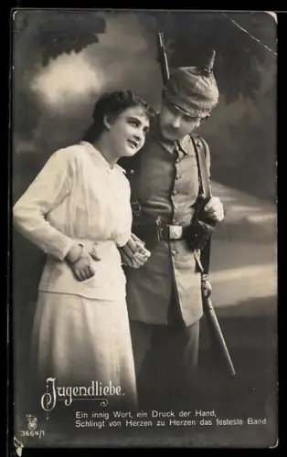 Künstler-AK Photochromie Nr. 3664/1: Jugendliebe, Ein innig Wort..., Soldat mit Mädchen