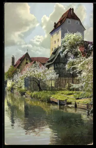 Künstler-AK Photochromie Nr. 4805: Fränkische Schweiz, Flusspartie mit Turmgebäude im Frühling