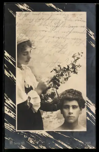 Künstler-AK Photochromie Nr. 3005: Südländisches Paar mit Blumen