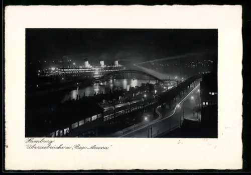 AK Hamburg, Passagierschiff Cap Arcona nachts an der Überseebrücke festgemacht