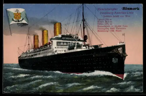 AK Passagierschiff Bismarck der Hamburg-Amerika Linie hohe Fahrt laufend