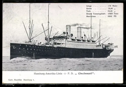 AK Passagierschiff Cincinnati der Hamburg-Amerika Linie auf See