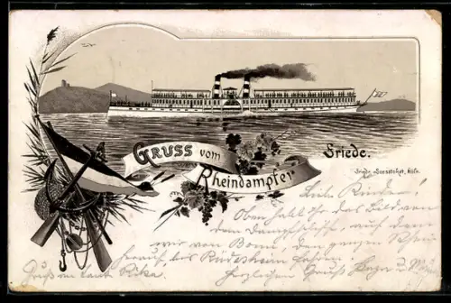 Lithographie Rheindampfer Friede in voller Fahrt auf dem Rhein