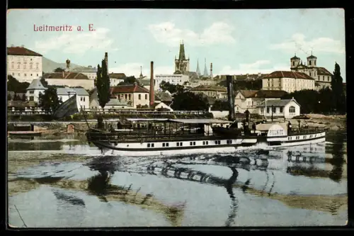 AK Leitmeritz a. E., Raddampfer Pillnitz auf der Elbe vor der Stadt