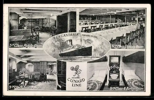 AK Passagierschiff R.M.S. Andania, Dining Room, 4 Berth Room, Social Hall, Public Room