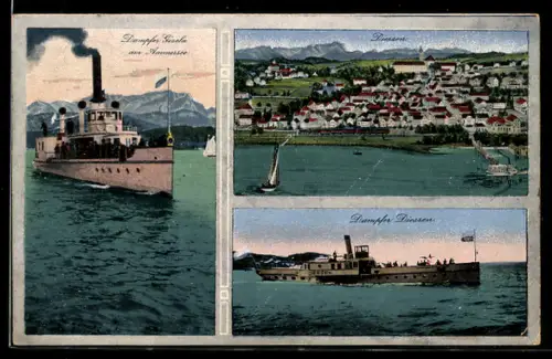 AK Raddampfer Gisela und Diessen auf dem Ammersee, Ortsansicht von Diessen