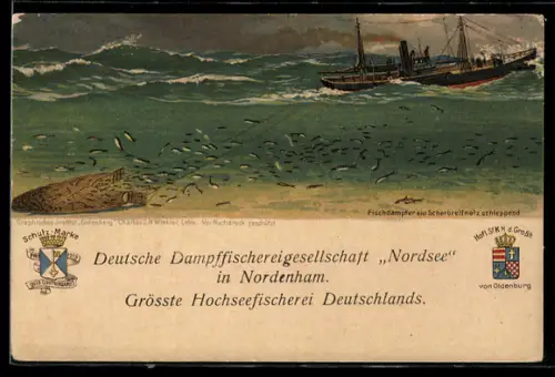 AK Nordenham, Fischdampfer der Deutschen Dampffischereigesellschaft Nordsee ein Scherbrettnetz schleppend