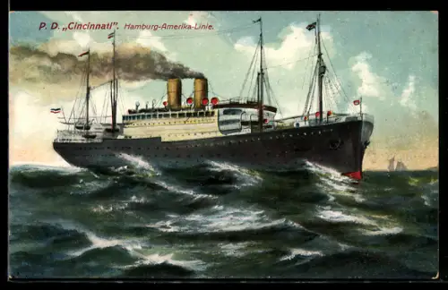 AK Passagierschiff Cincinnati der Hamburg-Amerika-Linie auf Fahrt auf stürmischer See