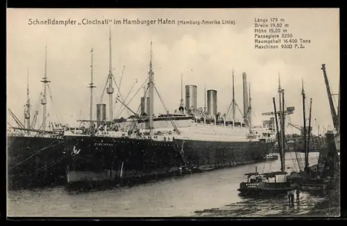 AK Passagierschiff Cincinnati der Hamburg-Amerika Linie im Hamburger Hafen