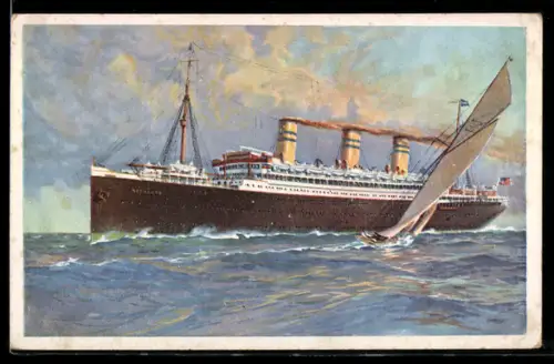 AK Passagierschiff Resolute der Hamburg-Amerika Linie passiert eines Segelyacht