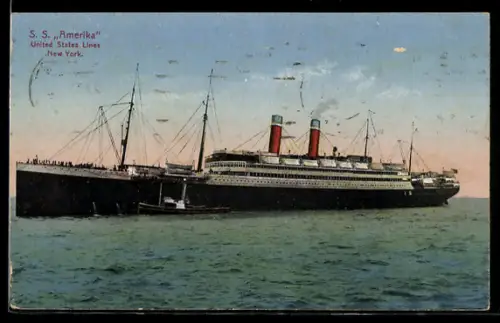AK Passagierschiff S.S. Amerika der United States Lines mit Schepper längsseits