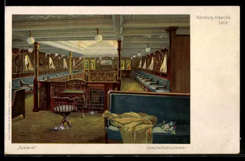 Lithographie Passagierschiff Oceana der Hamburg-Amerika Linie, Teilansicht vom Gesellschaftszimmer