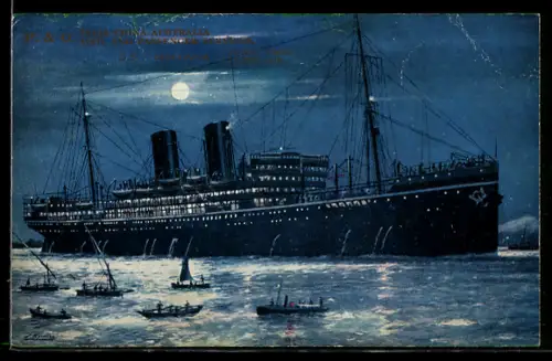 AK Passagierschiff S.S. Moldavia der P. & O. Line vor der Küste bei Nacht