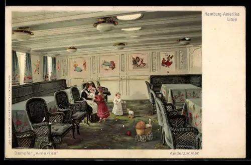 Lithographie Passagierschiff Amerika der Hamburg-Amerika-Linie, Kinderzimmer