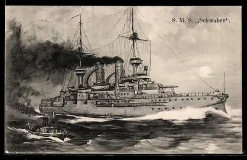 AK Linienschiff S.M.S. Schwaben mit begleitender Barkasse, Kriegsschiff