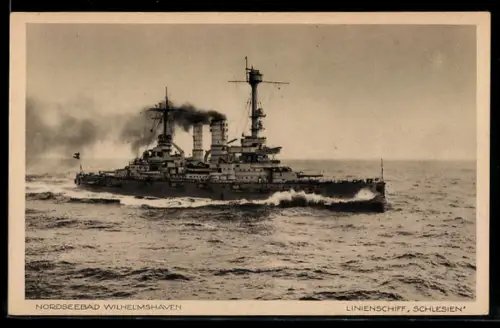 AK Linienschiff Schlesien der Reichsmarine in voller Fahrt