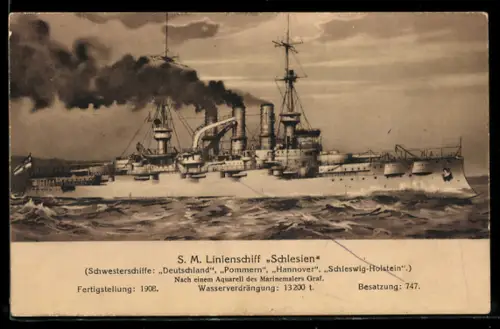 AK Linienschiff S.M.S. Schlesien in voller Fahrt vor der Küste, Kriegsschiff