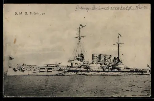 AK Linienschiff S.M.S. Thüringen mit Dampfbarkasse längsseits, Kriegsschiff