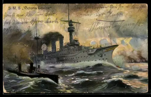 AK Kreuzer S.M.S. Viktoria Louise und Torpedoboot in schwerer See, Kriegsschiff
