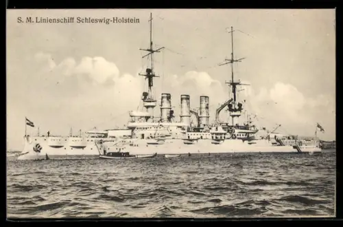 AK Linienschiff S.M.S. Schleswig-Holstein mit Beibooten vor Anker liegend