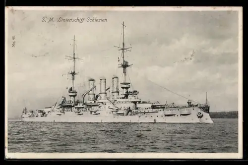 AK Linienschiff S.M.S. Schlesien langsame Fahrt laufend, Kriegsschiff