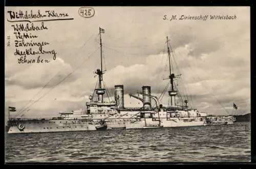AK Linienschiff S.M.S. Wittelsbach mit Beibooten längsseits