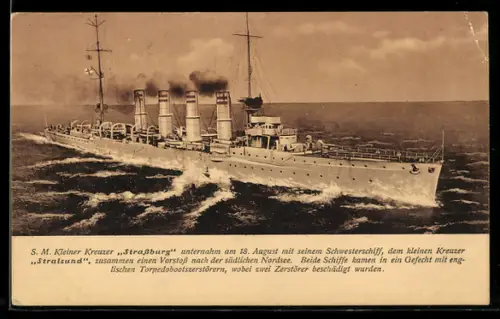 AK Kleiner Kreuzer S.M.S. Strassburg in voller Fahrt