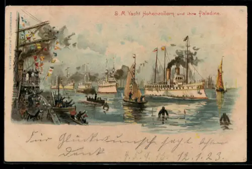 Lithographie S.M. Yacht Hohenzollern und ihre Paladine in Fahrt, Kriegsschiff
