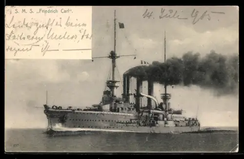 AK Grosser Kreuzer S.M.S. Friedrich Carl hohe Fahrt laufend, Kriegsschiff