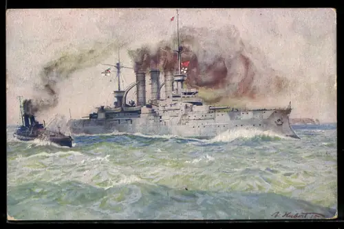 Künstler-AK A. Hubert: Deutsches Linienschiff auf Patrouillenfahrt bei Helgoland, Kriegsschiff