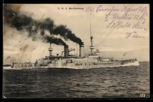 AK Linienschiff S.M.S. Mecklenburg hohe Fahrt laufend, Kriegsschiff