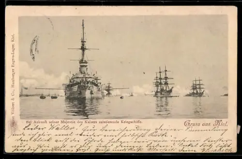AK Kiel, Salutierende Kriegsschiffe bei der Ankunft seiner Majestät Kaiser Wilhelm II.
