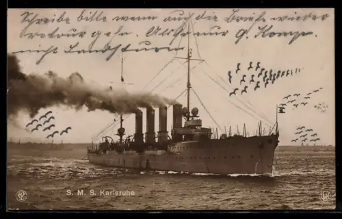 AK Kleiner Kreuzer S.M.S. Karlsruhe auf See, Kriegsschiff