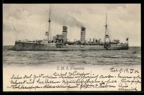 AK Kleiner Kreuzer S.M.S. Frauenlob in Seitenansicht, Kriegsschiff