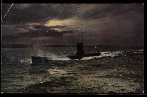 AK U-Boot der Kaiserlichen Marine nachts auf Feindfahrt
