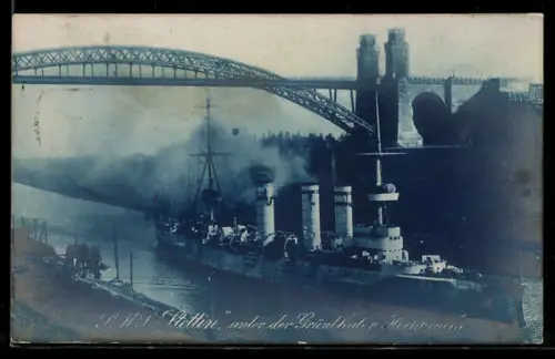 AK Kleiner Kreuzer S.M.S. Stettin unter der Grünthaler Hochbrücke, Kriegsschiff