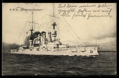 AK Linienschiff S.M.S. Schleswig-Holstein in Fahrt vor der Küste, Kriegsschiff