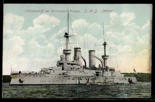AK Linienschiff S.M.S. Wettin ankert vor der Küste, Kriegsschiff