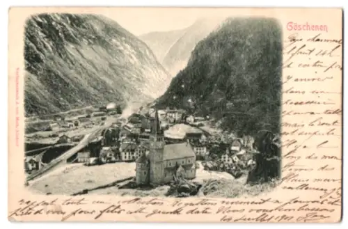 Relief-AK Göschenen, Totalansicht mit Kirche u. Brücke aus der Vogelschau