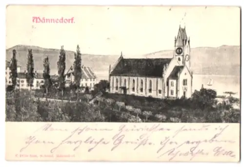 Relief-AK Männedorf, Kirche u. Häuser mit See- u. Bergblick