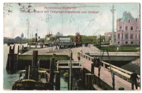 Relief-AK Cuxhaven, Hafenpanorama mit Telegraphengebäude und Zeitball